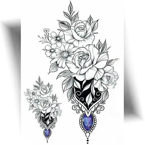 Tatouage éphémère rose et saphir – motifs floraux féminins en noir et gris.