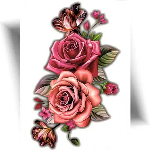 Tatouage éphémère grand motif roses en relief effet 3D, tatouage temporaire féminin et romantique facile à appliquer.