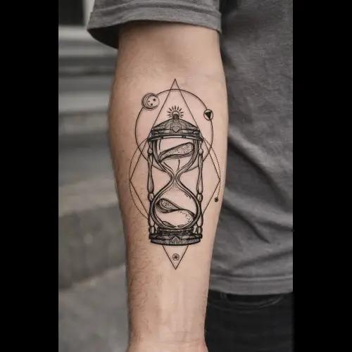 Tatouage temporaire représentant un sablier réaliste, symbole du temps qui passe et de l’instant présent.