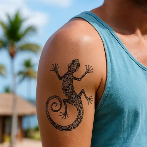 atouage temporaire salamandre polynésien noir – idéal pour tester un design avant un tatouage permanent. Application à l’eau, effet réaliste.