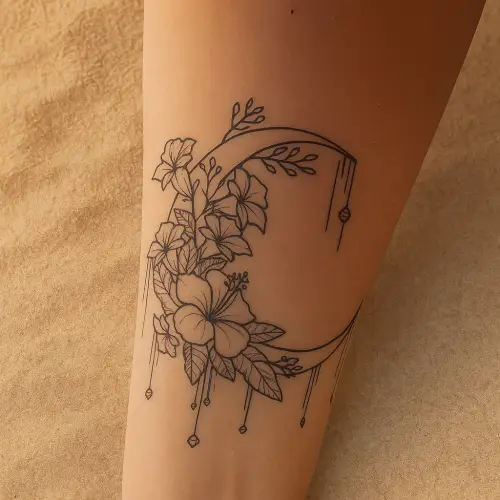 Tatouage semi-permanent lune et fleurs, design éphémère et réaliste tenant 8 à 15 jours.