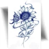 Tatouage éphémère tournesol et papillon à base de jagua avec un rendu bleu foncé réaliste.