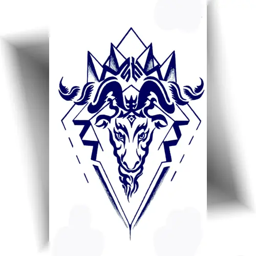 Tatouage semi-permanent bélier au jagua, motif tête de bélier géométrique, planche prête à appliquer.