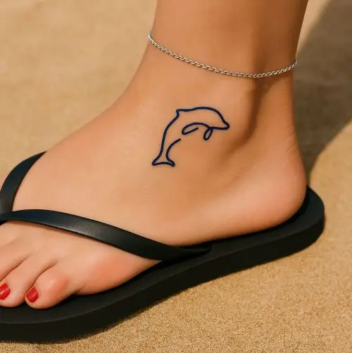 Tatouage dauphin minimaliste bleu nuit sur la cheville, réalisé à base de jagua.