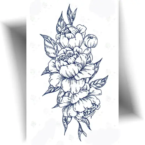 Tatouage semi-permanent à base de jagua représentant trois fleurs de pivoine.