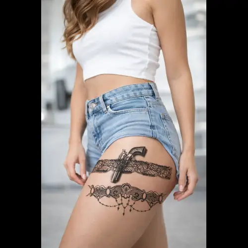 Tatouage éphémère jarretière sexy appliqué sur le haut de la cuisse d’une femme, motif dentelle noire, rendu réaliste et féminin.