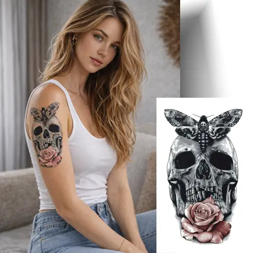 Tatouage éphémère représentant un crâne avec un papillon sphinx posé dessus et une rose rose en dessous, adapté pour le bras, le mollet, la cuisse ou le dos.