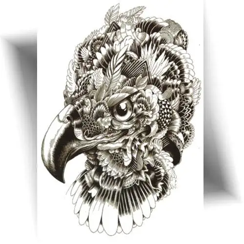 Tatouage temporaire tête d’aigle noir et gris motif plumes tatouage éphémère aigle.