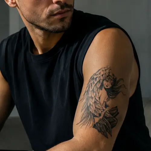 Tatouage éphémère ange triste en noir et gris au style réaliste, idéal pour le bras, le dos ou le mollet.