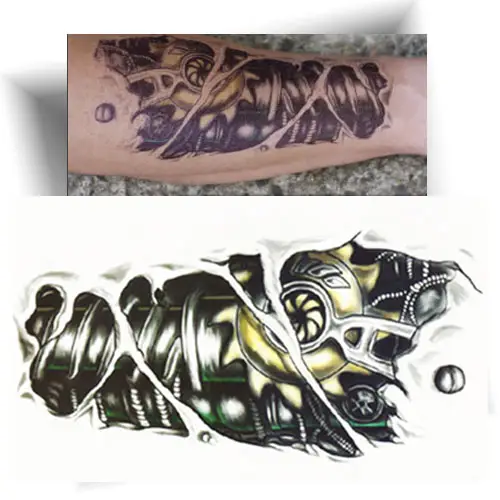 Tatouage temporaire biomécanique en demi-manchette, design futuriste et réaliste pour l’avant-bras
