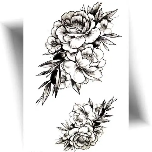 Tatouages temporaires body fleurs en noir et gris, deux motifs floraux de taille moyenne.