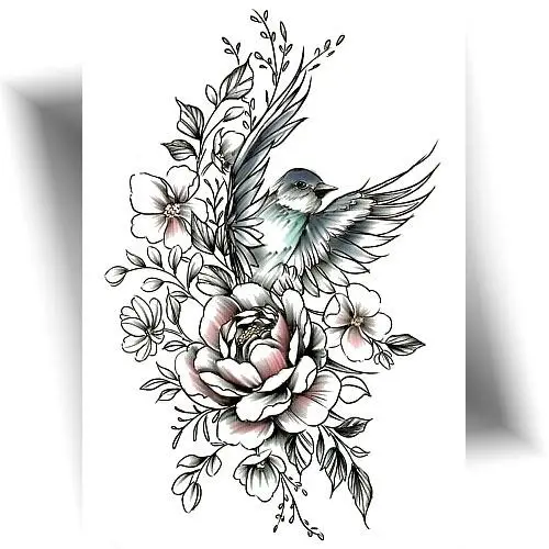 Tatouage temporaire flower nest – motif hirondelle et pivoines aux couleurs pastels, design féminin et élégant sur la peau, idéal pour bras, épaule ou cuisse.