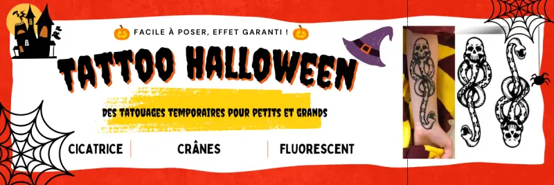 Tatouages temporaires Halloween faciles à poser – motifs toile d’araignée, cicatrice, tête de mort, manchette, fluorescent et pleins d'autres modèles à découvrir.