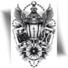 Tatouage temporaire lanterne en noir et gris avec des cartes de jeu, une boussole et des ailes. Résultat ultra-réaliste, application instantanée.