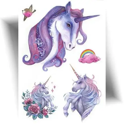 Tatouage temporaire licorne féerique avec 5 motifs pastel, idéal pour ajouter une touche magique et fantaisie à la peau, application facile et tenue 3 à 7 jours.
