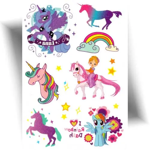 Tatouage temporaire pailleté représentant une licorne et des motifs colorés pour enfants, facile à appliquer à l’eau et idéal pour les filles dès 3 ans.