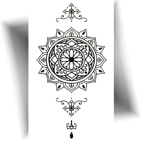 Tatouage temporaire mandala noir, motif géométrique, idéal pour bras, mollets ou colonne vertébrale.