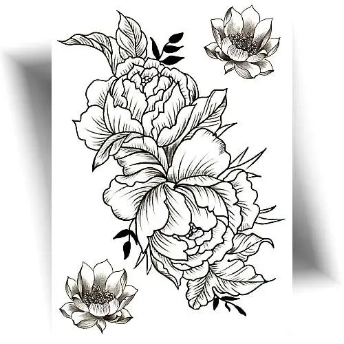 Tatouage temporaire pivoine double noir et gris, trois fleurs réalistes – symbole de féminité.