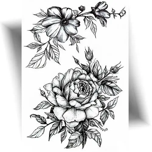 Tatouage temporaire pivoine noire en deux motifs floraux, style élégant.