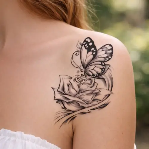 Tatouage éphémère papillon et rose, en noir et gris.