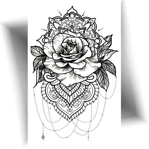 Tatouage temporaire rose mandala noir, effet réaliste pour le bras, la cuisse ou le dos.