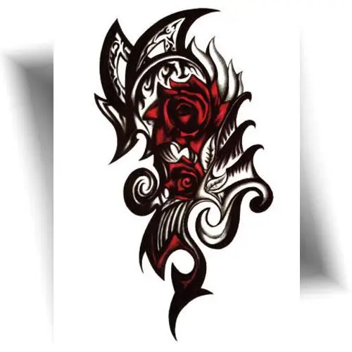 Tatouage temporaire tribal rose rouge – motif réaliste pour bras ou mollet, idéal pour tester un tatouage avant de le faire définitivement.