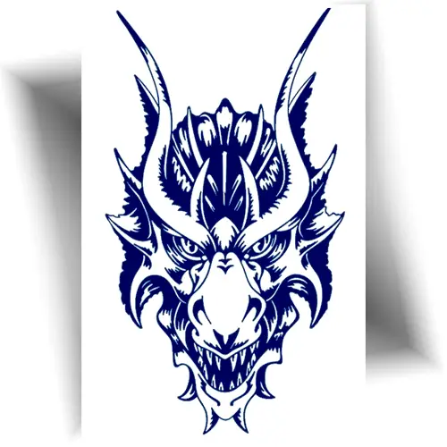 Tatouage semi-permanent tête de dragon au jagua, planche éphémère prête à appliquer, motif puissant bleu-noir.