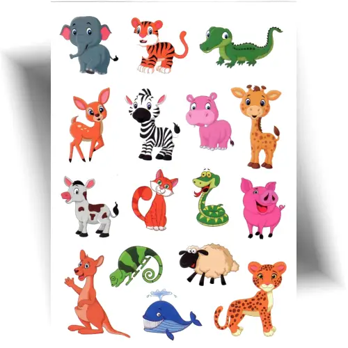 Tatouages temporaires enfants avec 16 motifs d’animaux : éléphant, zèbre, kangourou, baleine, serpent et d'autres.